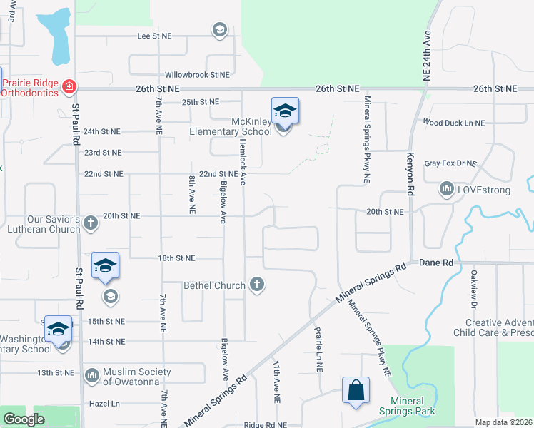 map of restaurants, bars, coffee shops, grocery stores, and more near 1050 20th Street Northeast in Owatonna