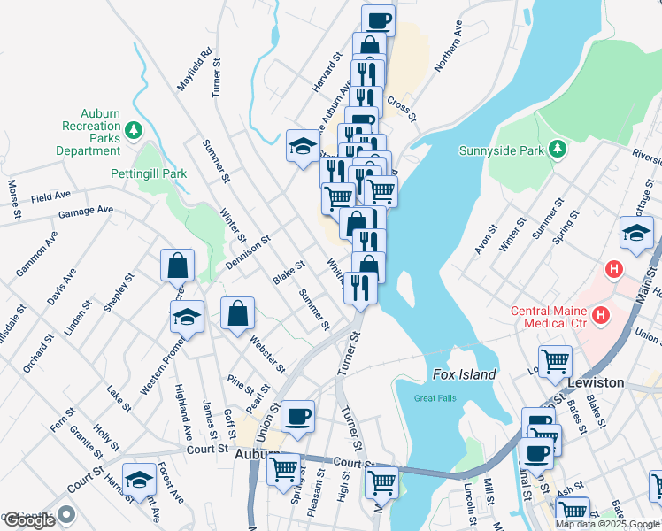 map of restaurants, bars, coffee shops, grocery stores, and more near 27 Vernon Street in Auburn