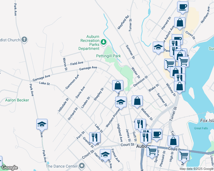map of restaurants, bars, coffee shops, grocery stores, and more near 11 Hillcrest Street in Auburn