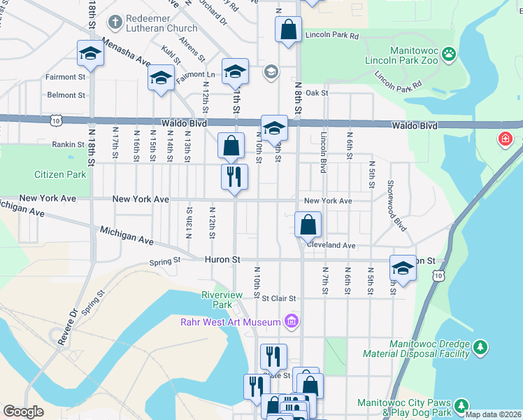map of restaurants, bars, coffee shops, grocery stores, and more near 851 North 10th Street in Manitowoc