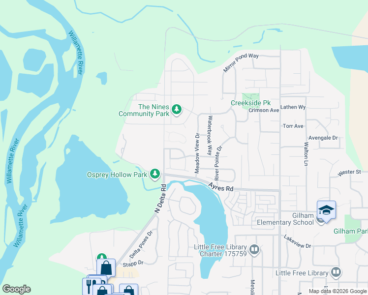 map of restaurants, bars, coffee shops, grocery stores, and more near 1528 Alsea Drive in Eugene
