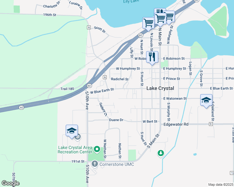 map of restaurants, bars, coffee shops, grocery stores, and more near 483 West Watonwan Street in Lake Crystal