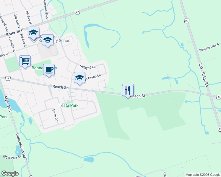 map of restaurants, bars, coffee shops, grocery stores, and more near 5 Vern Robertson Gate in Uxbridge