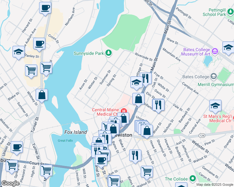 map of restaurants, bars, coffee shops, grocery stores, and more near 69 Holland Street in Lewiston