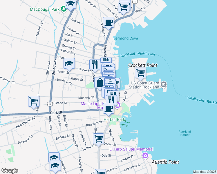 map of restaurants, bars, coffee shops, grocery stores, and more near 408 Main St in Rockland