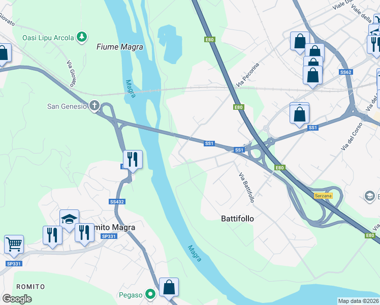 map of restaurants, bars, coffee shops, grocery stores, and more near 118 Via Pecorina in Sarzana