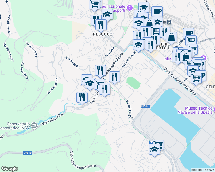 map of restaurants, bars, coffee shops, grocery stores, and more near 7 Via Balilla in La Spezia