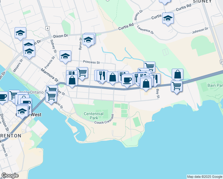 map of restaurants, bars, coffee shops, grocery stores, and more near 199 Dundas Street East in Quinte West