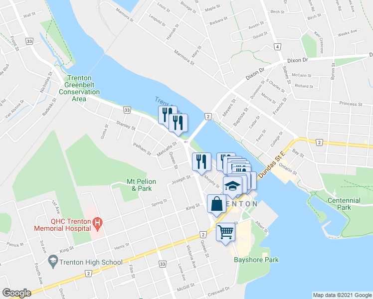 map of restaurants, bars, coffee shops, grocery stores, and more near 132 Division Street in Quinte West