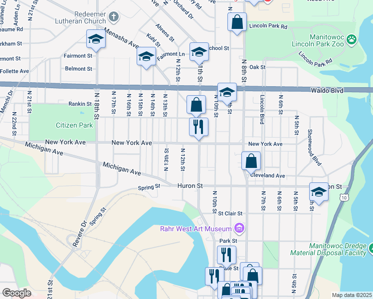 map of restaurants, bars, coffee shops, grocery stores, and more near 857 North 12th Street in Manitowoc
