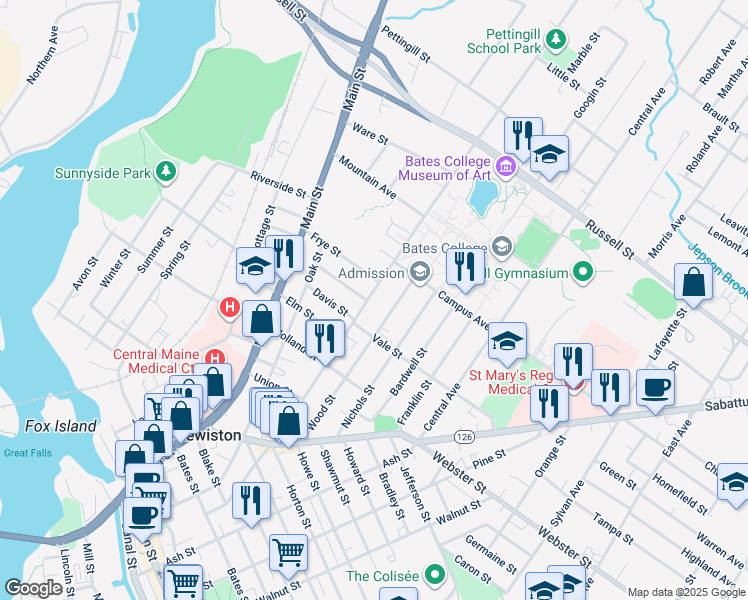 map of restaurants, bars, coffee shops, grocery stores, and more near 215 College Street in Lewiston