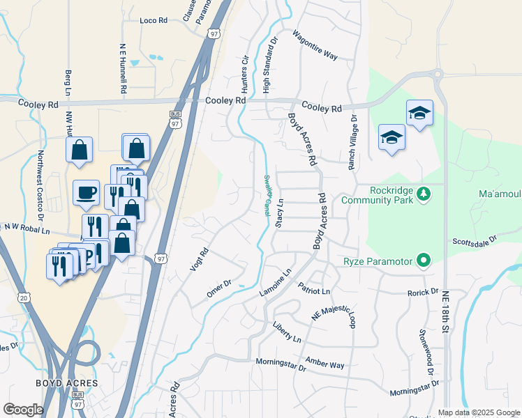 map of restaurants, bars, coffee shops, grocery stores, and more near 63480 Vogt Road in Bend