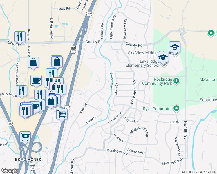 map of restaurants, bars, coffee shops, grocery stores, and more near 63480 Vogt Road in Bend