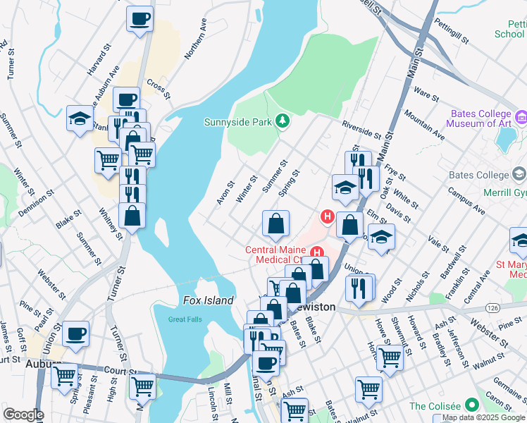 map of restaurants, bars, coffee shops, grocery stores, and more near 55 Summer Street in Lewiston