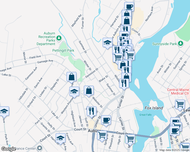 map of restaurants, bars, coffee shops, grocery stores, and more near 86 Winter Street in Auburn