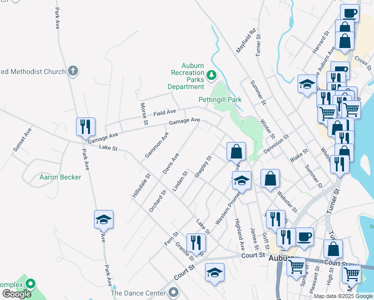 map of restaurants, bars, coffee shops, grocery stores, and more near 46 Davis Avenue in Auburn