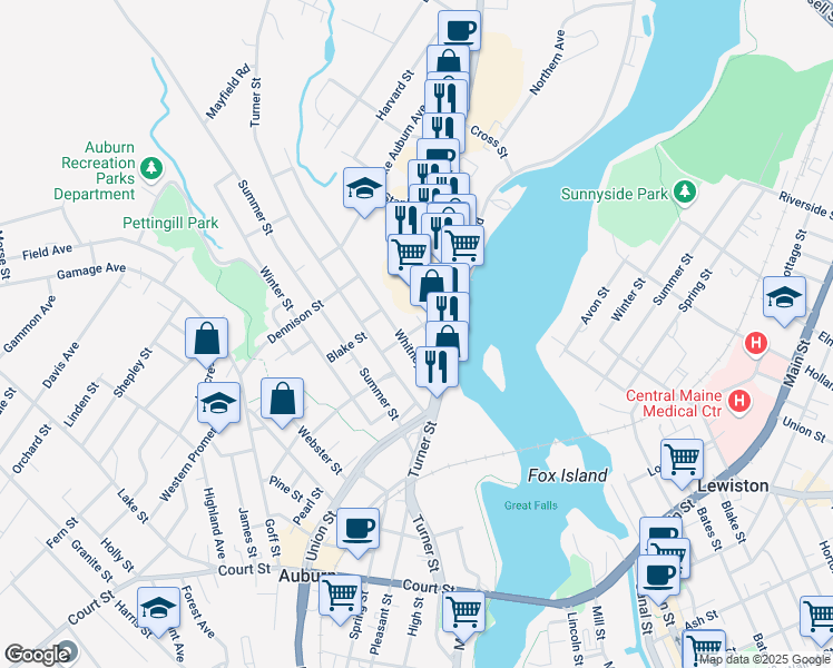 map of restaurants, bars, coffee shops, grocery stores, and more near 27 Vernon Street in Auburn