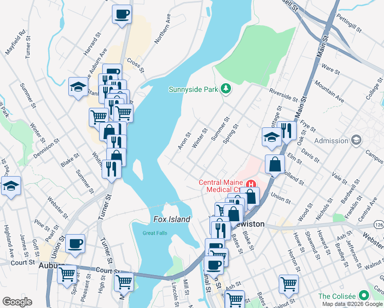 map of restaurants, bars, coffee shops, grocery stores, and more near 27 Winter Street in Lewiston