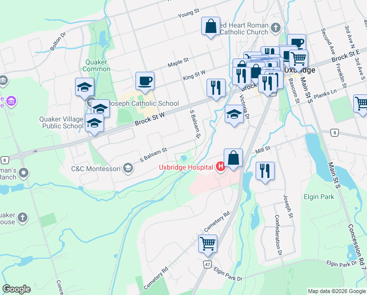 map of restaurants, bars, coffee shops, grocery stores, and more near 31 South Balsam Street in Uxbridge