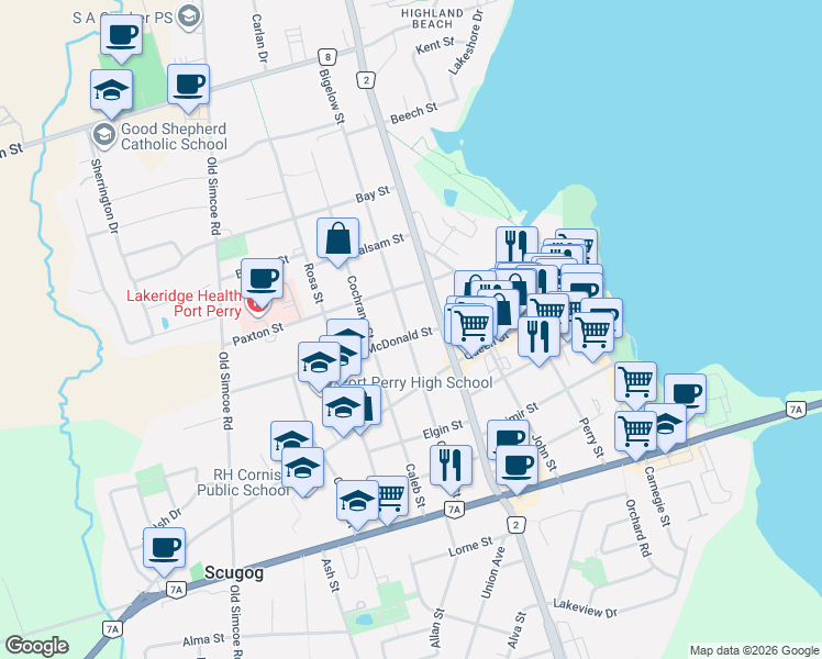 map of restaurants, bars, coffee shops, grocery stores, and more near 329 McDonald Street in Scugog