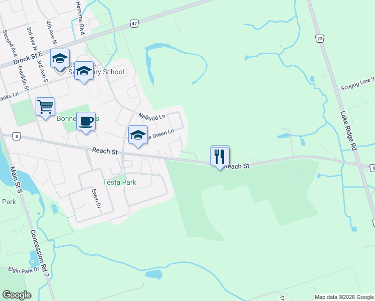 map of restaurants, bars, coffee shops, grocery stores, and more near 19 Vern Robertson Gate in Uxbridge