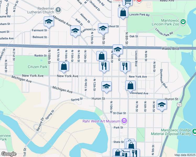 map of restaurants, bars, coffee shops, grocery stores, and more near 857 North 12th Street in Manitowoc