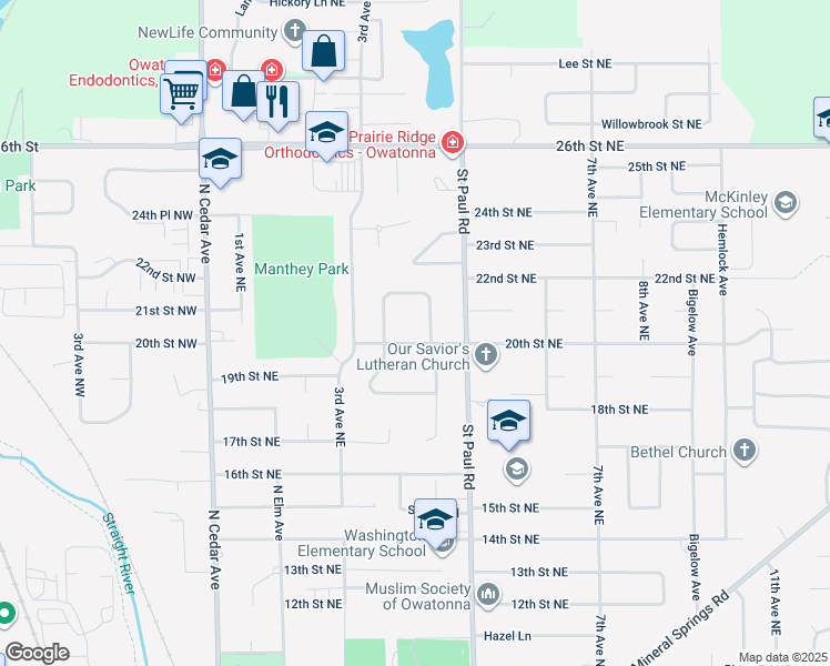 map of restaurants, bars, coffee shops, grocery stores, and more near 360 20th Street Northeast in Owatonna