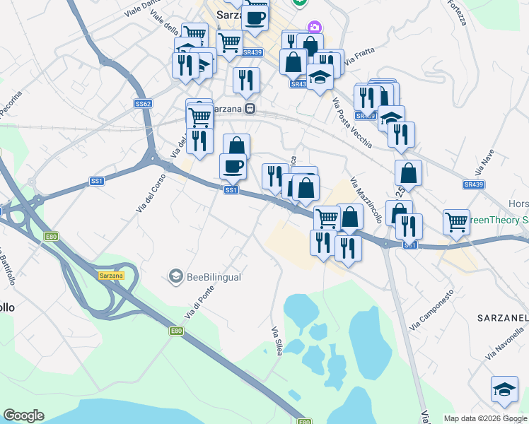 map of restaurants, bars, coffee shops, grocery stores, and more near 35 Via di Ponte in Sarzana