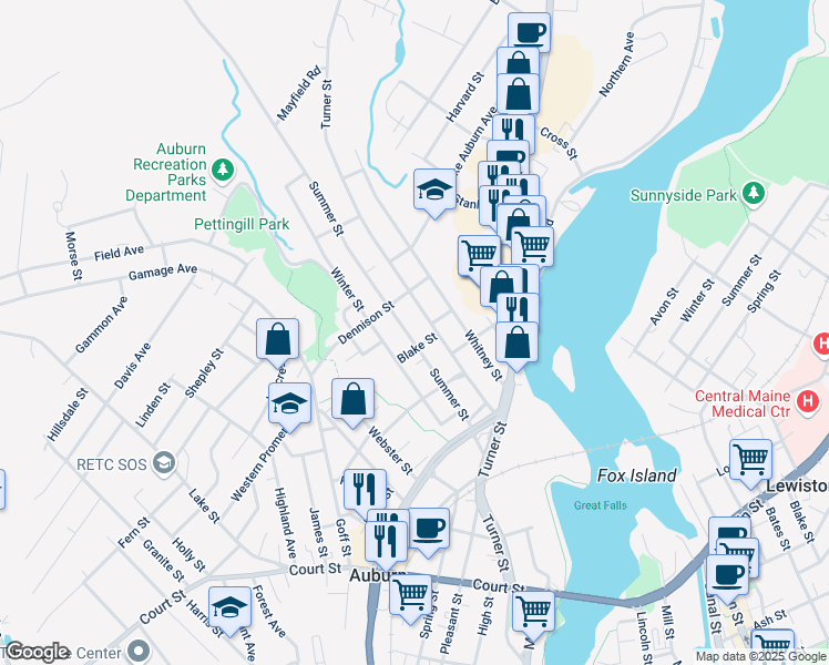 map of restaurants, bars, coffee shops, grocery stores, and more near 109 Summer Street in Auburn