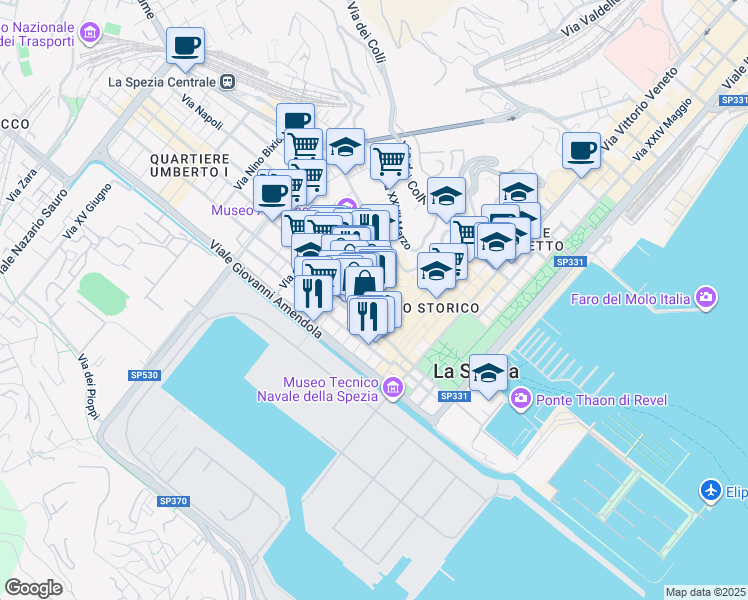 map of restaurants, bars, coffee shops, grocery stores, and more near 55 Corso Cavour in La Spezia