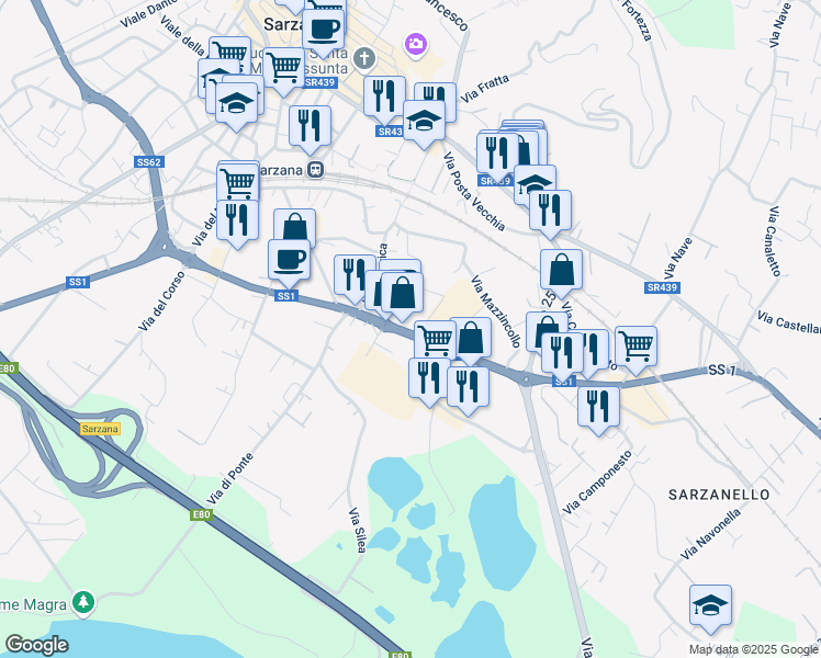 map of restaurants, bars, coffee shops, grocery stores, and more near 164 Via Variante Aurelia in Sarzana