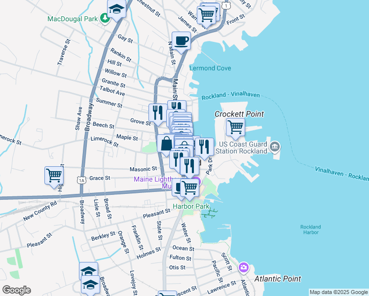 map of restaurants, bars, coffee shops, grocery stores, and more near 408 Main Street in Rockland