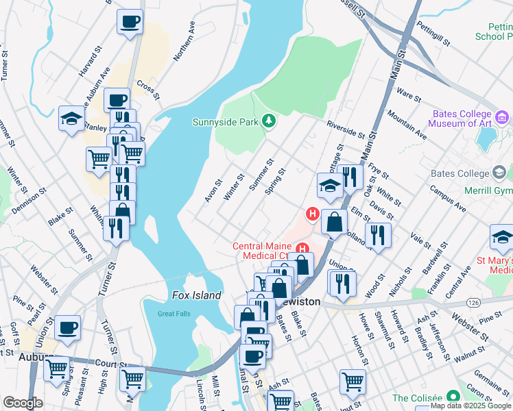 map of restaurants, bars, coffee shops, grocery stores, and more near 55 Summer Street in Lewiston