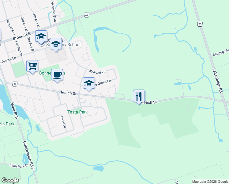 map of restaurants, bars, coffee shops, grocery stores, and more near 235 Reach Street in Uxbridge