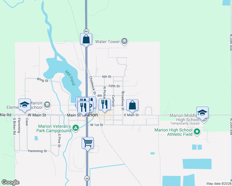 map of restaurants, bars, coffee shops, grocery stores, and more near 301-399 4th in Marion
