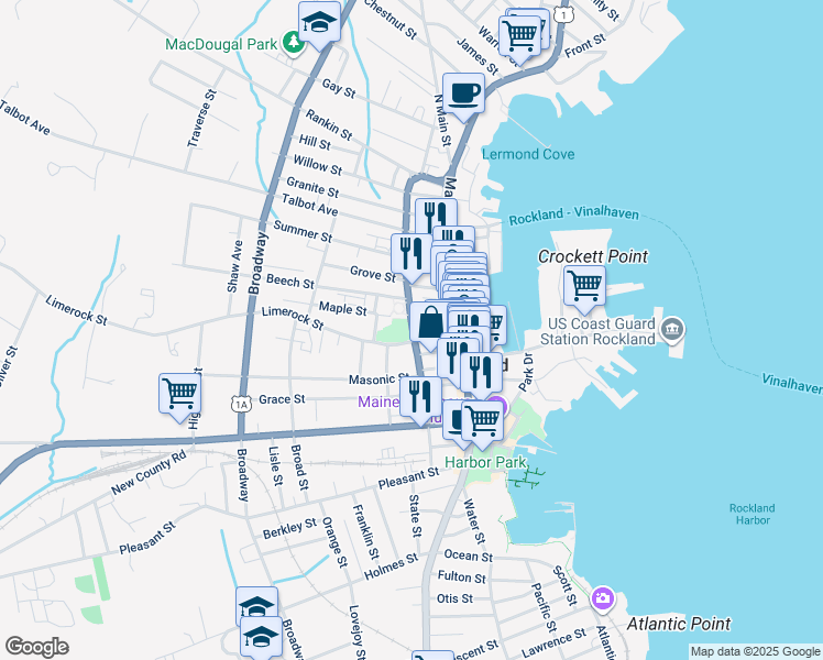 map of restaurants, bars, coffee shops, grocery stores, and more near 41 Limerock Street in Rockland