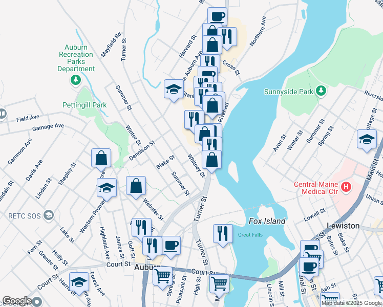map of restaurants, bars, coffee shops, grocery stores, and more near 27 Vernon Street in Auburn