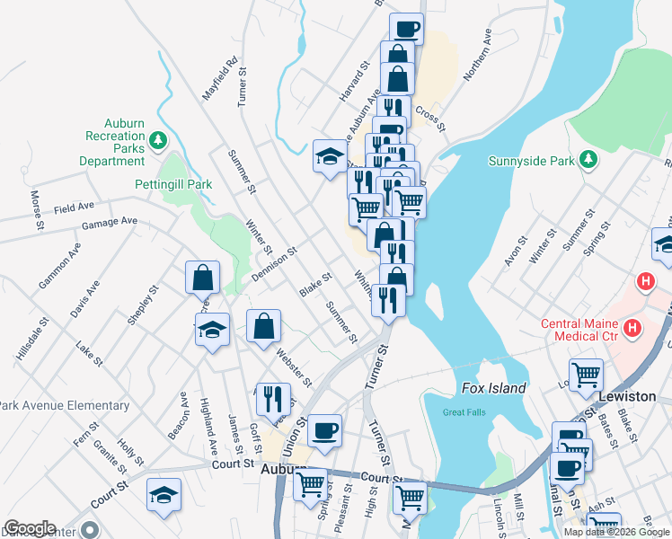map of restaurants, bars, coffee shops, grocery stores, and more near 287 Turner Street in Auburn
