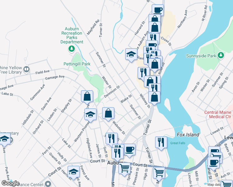 map of restaurants, bars, coffee shops, grocery stores, and more near 86 Winter Street in Auburn