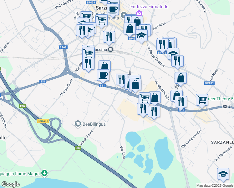 map of restaurants, bars, coffee shops, grocery stores, and more near 21 Via di Ponte in Sarzana