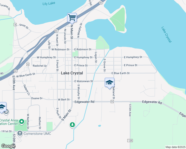 map of restaurants, bars, coffee shops, grocery stores, and more near 322 East Blue Earth Street in Lake Crystal