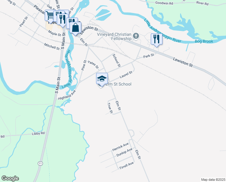 map of restaurants, bars, coffee shops, grocery stores, and more near 129 Elm Street in Mechanic Falls