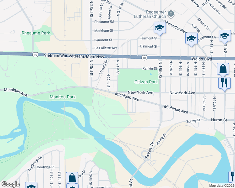 map of restaurants, bars, coffee shops, grocery stores, and more near 2103 Michigan Ave in Manitowoc
