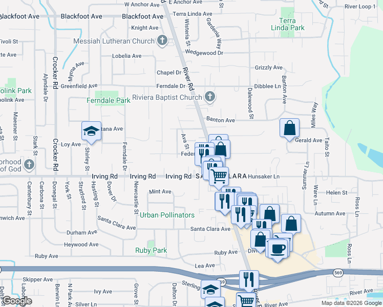 map of restaurants, bars, coffee shops, grocery stores, and more near 84 Federal Lane in Eugene