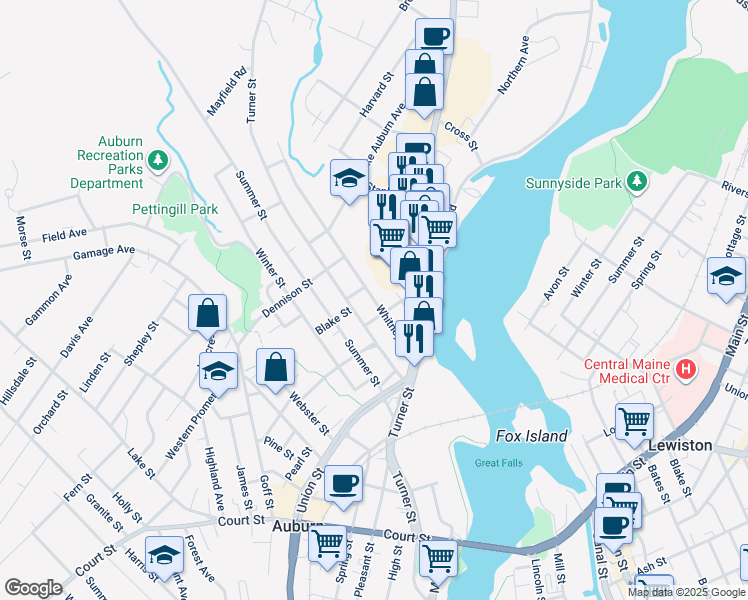 map of restaurants, bars, coffee shops, grocery stores, and more near 287 Turner Street in Auburn