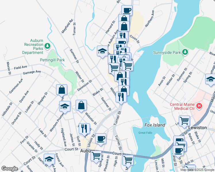 map of restaurants, bars, coffee shops, grocery stores, and more near 287 Turner Street in Auburn