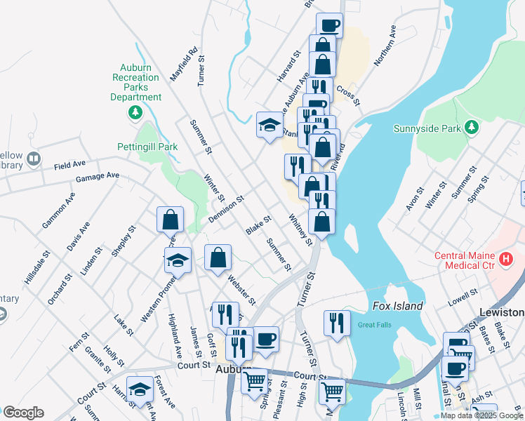 map of restaurants, bars, coffee shops, grocery stores, and more near 109 Summer Street in Auburn