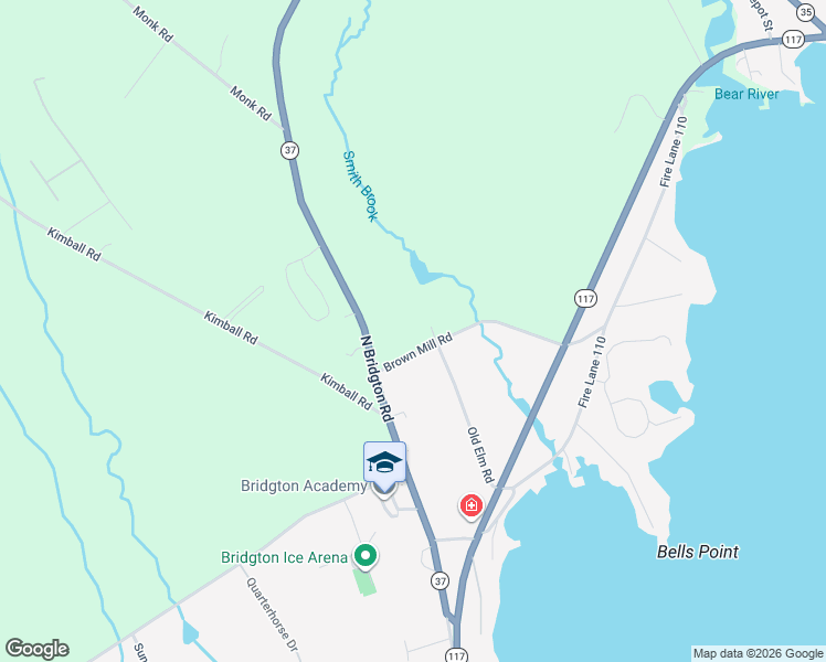 map of restaurants, bars, coffee shops, grocery stores, and more near 22 Brown Mill Road in Bridgton