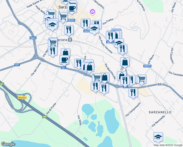 map of restaurants, bars, coffee shops, grocery stores, and more near 164 Via Variante Aurelia in Sarzana