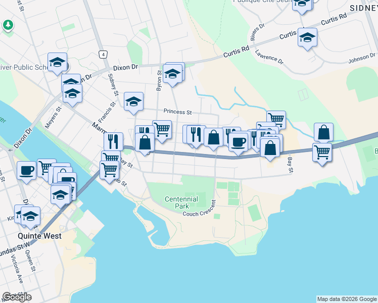 map of restaurants, bars, coffee shops, grocery stores, and more near in Quinte West